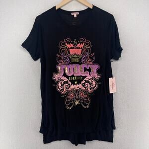 JUICY COUTURE Top L Ombre Crest High Slit Tee Rhinestone Tunic Black NEW